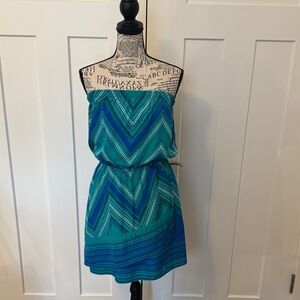 Express Strapless Chevron Mini Dress in Teal and Blue